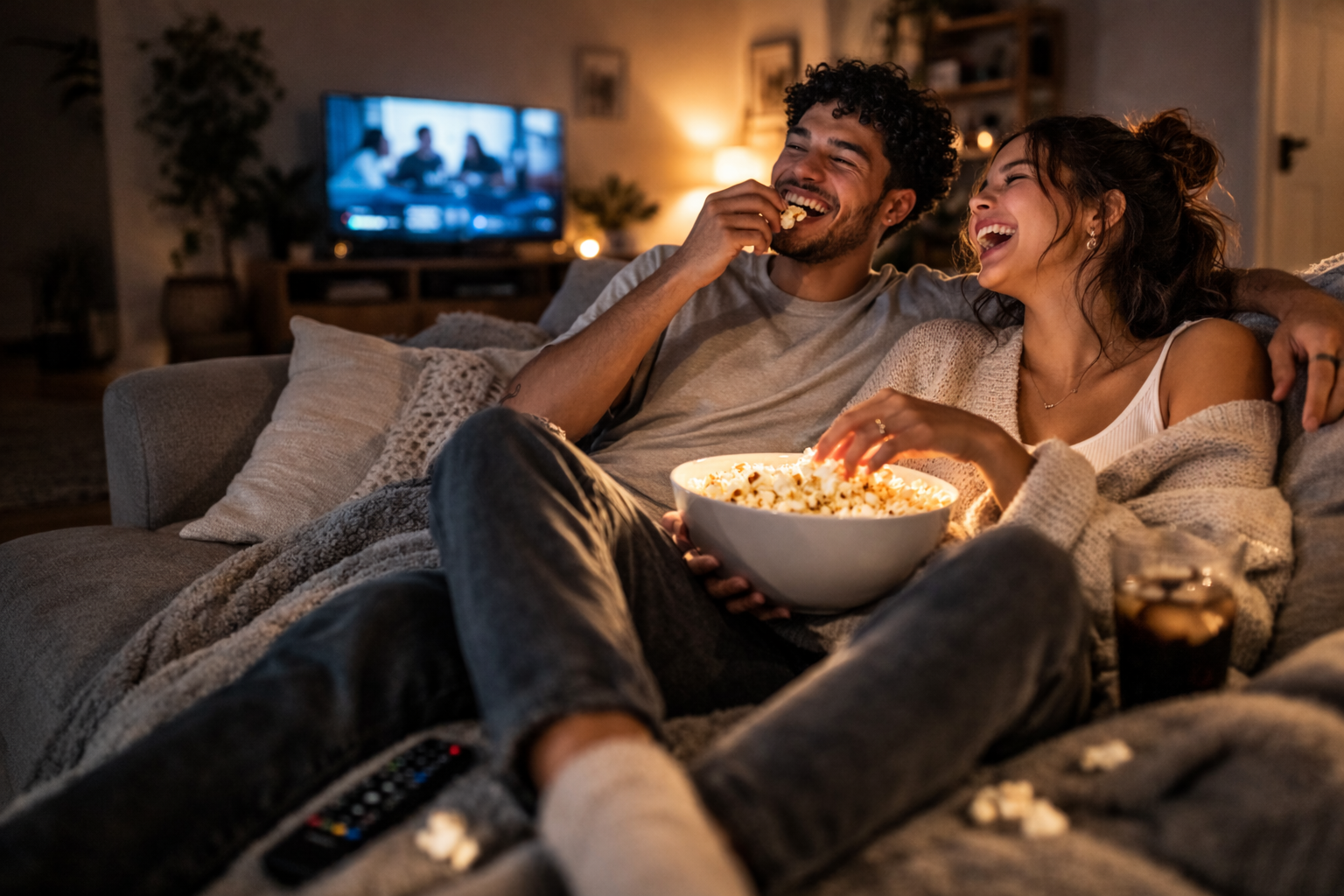Couple enjoying Bare Kernel popcorn on movie night
