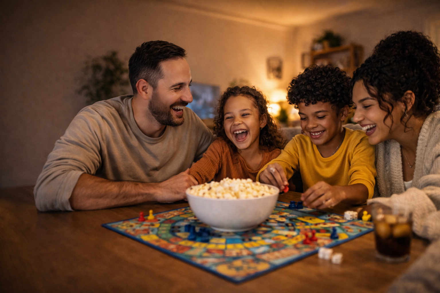 Family enjoying Bare Kernel popcorn on game night